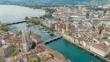 Zurich, Switzerland. Panorama of the city overlooking Lake Zurich. Summer day, Aerial View - obrazy, fototapety, plakaty