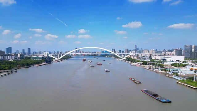 Urban environment of Lupu Bridge on Huangpu River, Shanghai
