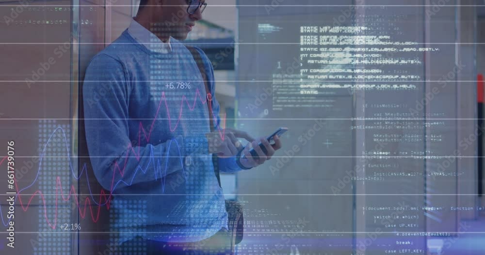 Poster animation of binary codes, computer language, biracial man standing and scrolling on cellphone