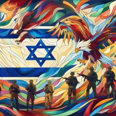 Generative AI illustration image of the flag of Israel with lion and Star Of David, soldiers and the western wall in Jerusalem