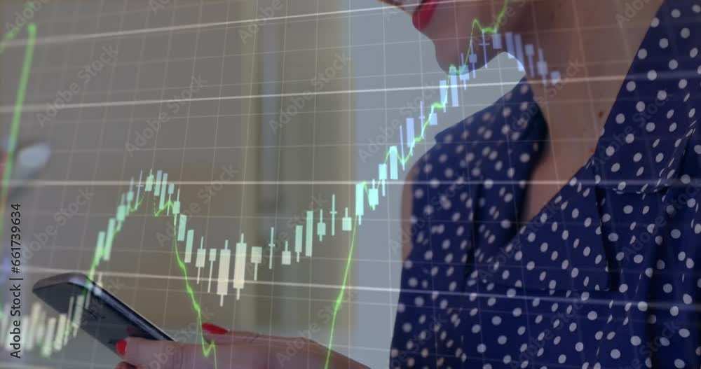 Poster animation of multiple graphs with changing numbers over caucasian woman using smartphone