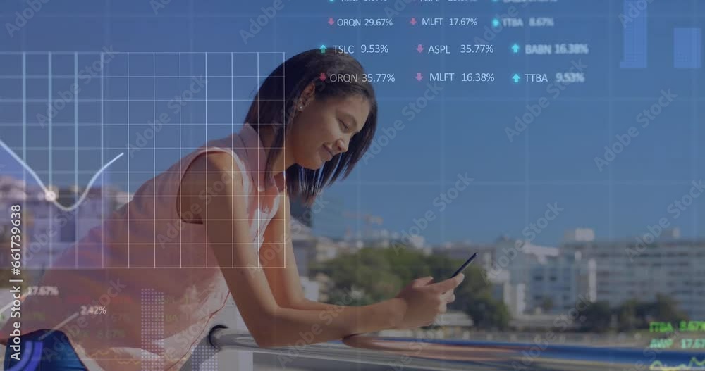 Poster animation of multiple graphs and trading boards over biracial woman using smartphone