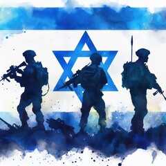 Generative AI illustration image of the flag of Israel with lion and Star Of David, soldiers