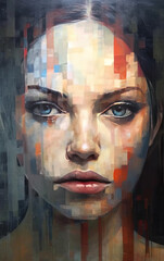 Beautiful Dramatic Young Girl Portrait Painting Geometric Brush Strokes Background