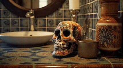Sugar skull or catrina in a antique bathroom