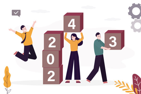 New Year 2024. Business People Hold Blocks With Numbers. Team Changes Number Of Year In Cubes Stack. Forecast, Hope For Better Next Year. Company Development Strategy, C