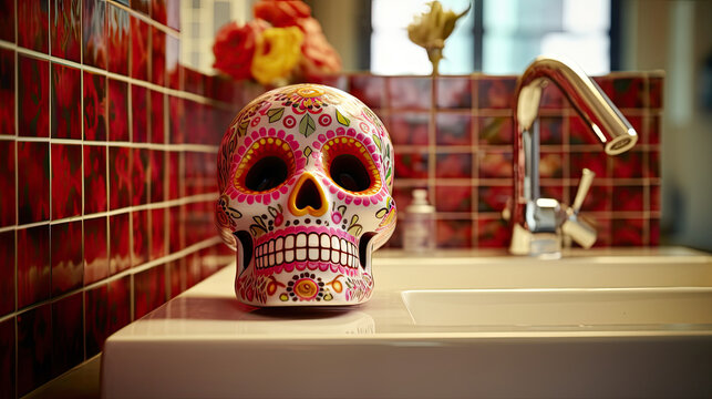 Sugar skull or catrina in a antique bathroom