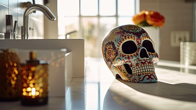 Sugar skull or catrina in a modern bathroom