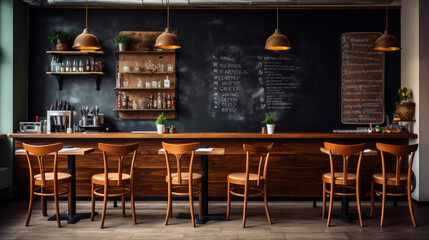 A bar with a chalkboard menu on the wall