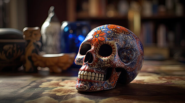 Sugar skull or catrina in a antique attic