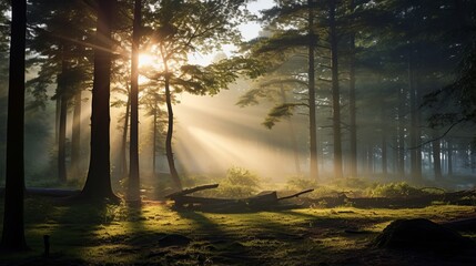 Ethereal Dawn: Misty Morning in a Pristine Forest
