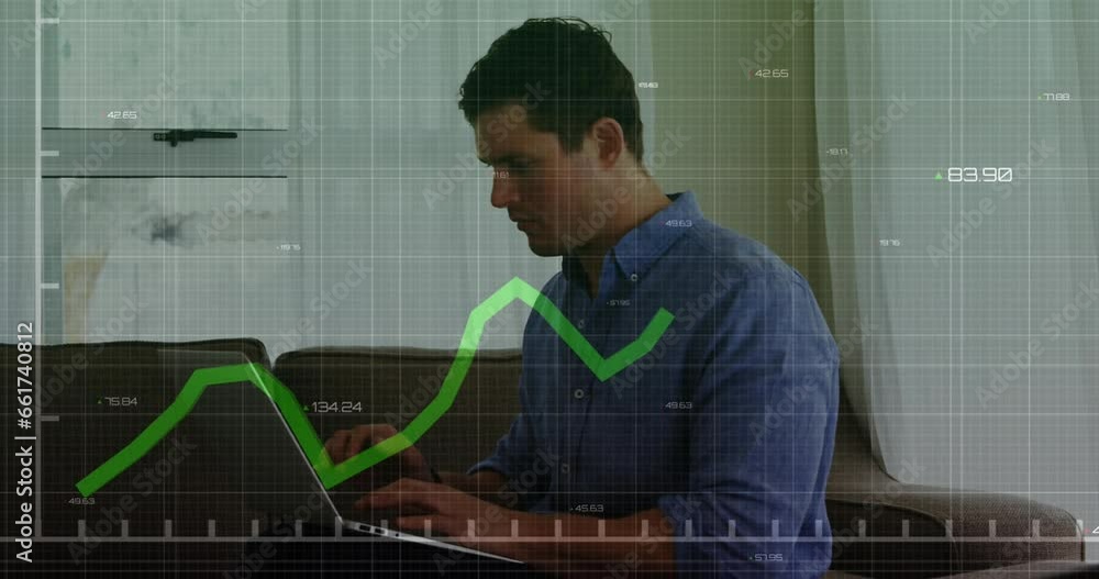 Poster animation of graph with changing numbers over caucasian man sitting on sofa and working on laptop