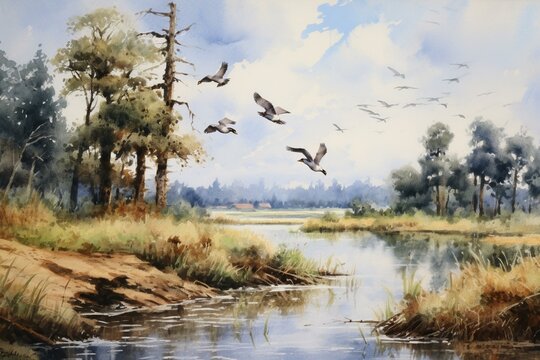 Watercolor painting of an open scenic landscape with distant trees and ducks in flight. Generative AI