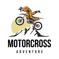 Motorcross logo design vector template. Mountain adventure motorcross silhouette illustration.