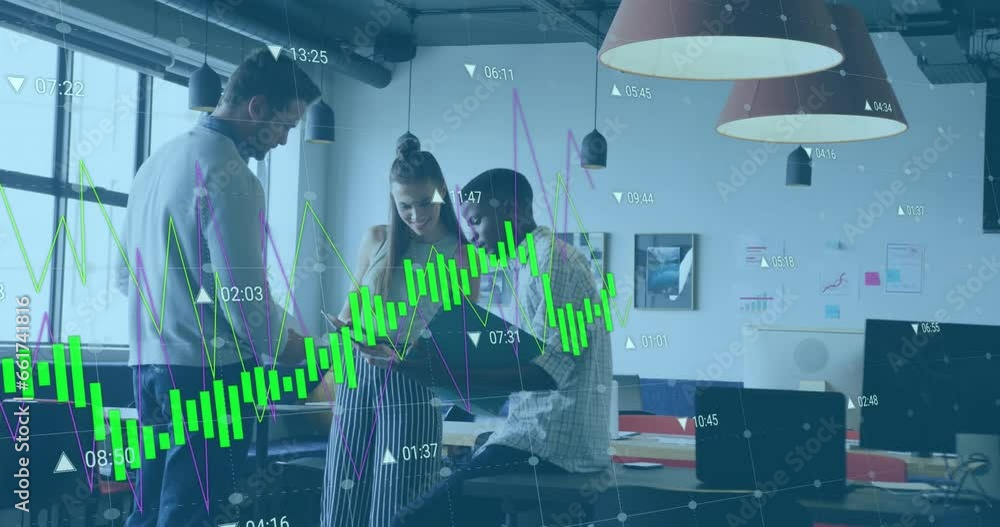 Aufkleber animation of multiple graphs and changing numbers over diverse coworkers sharing ideas in office