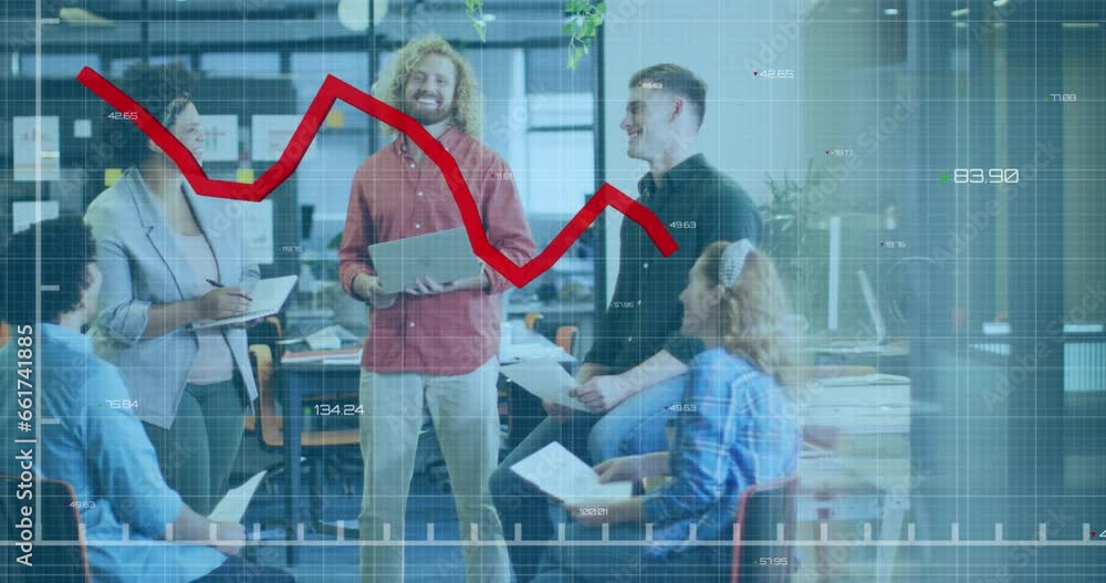 Aufkleber animation of falling graph and changing numbers over diverse coworkers discussing in office
