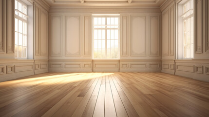 Perspective of the empty room with wood laminate floor - obrazy, fototapety, plakaty