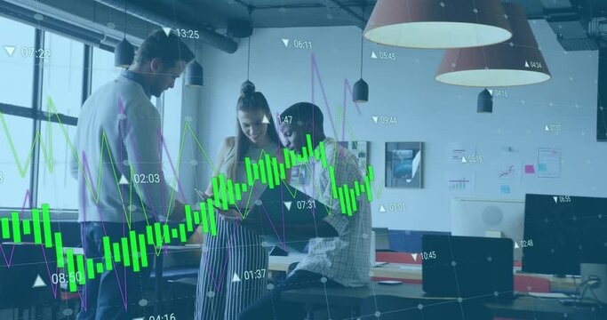 Animation of multiple graphs and changing numbers over diverse coworkers sharing ideas in office