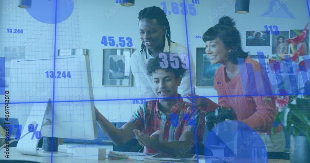 Poster animation of graphs and changing numbers over diverse coworkers discussing on desk in office