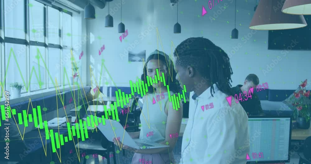 Aufkleber animation of changing numbers and graphs over diverse coworkers discussing reports in office