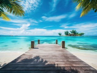 Fototapeta premium Beautiful summer tropical beach landscape, wooden pier, turquoise sea water, Generative AI