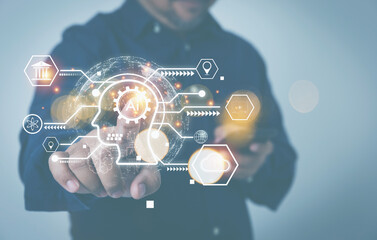 Technology chatbot assistant conversation digital online, Artificial intelligence AI, innovative to future, global internet communication application. Businessman use chatbots to assist conversation.