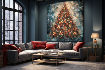 modern living room and Wall art with christmas Tree