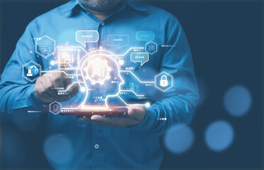 Technology chatbot assistant conversation digital online, Artificial intelligence AI, innovative to future, global internet communication application. Businessman use chatbots to assist conversation.