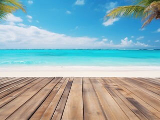 Fototapeta premium Beautiful summer tropical beach landscape, wooden pier, turquoise sea water, Generative AI