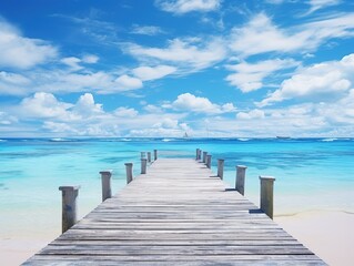 Fototapeta premium Beautiful summer tropical beach landscape, wooden pier, turquoise sea water, Generative AI
