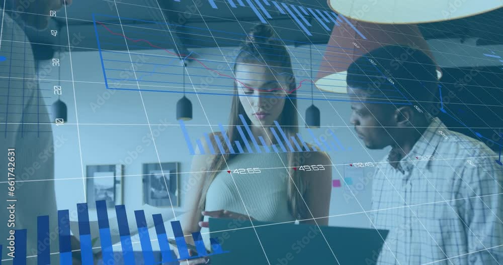 Aufkleber animation of multiple graphs and changing numbers, diverse coworkers discussing reports in office