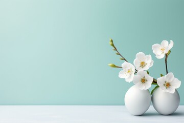 Easter-themed setup with a flower and white eggs on a light blue background. A minimal and spring-inspired holiday concept. Generative AI