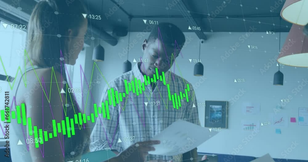 Aufkleber animation of changing numbers and graphs over diverse coworkers discussing reports in office