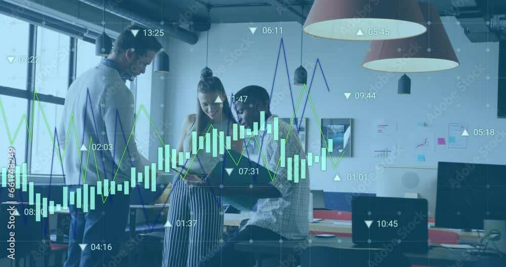Poster animation of graphs and changing numbers over diverse coworker sharing ideas in office