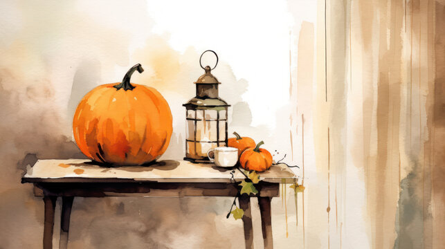 Watercolor painting of a pumpkin in a antique bedroom