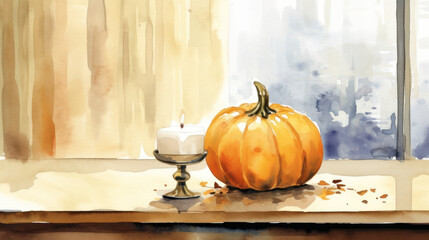 Watercolor painting of a pumpkin in a modern living room