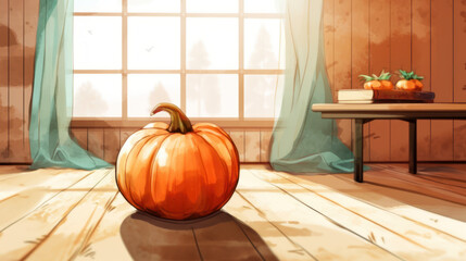 Watercolor painting of a pumpkin in a modern attic