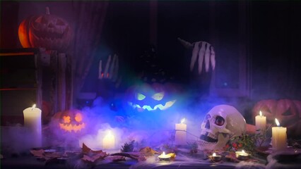 Flashing carved pumpkin with creepy skeleton hands invites friends guests to join Halloween festival party dancing and waving celebrate among spooky traditional decoration day of dead.