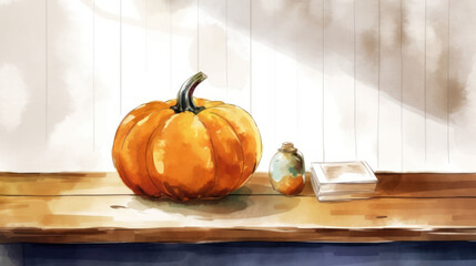 Watercolor painting of a pumpkin in a antique utility room