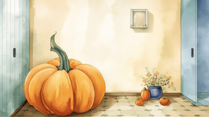 Obraz na płótnie Canvas Watercolor painting of a pumpkin in a antique utility room