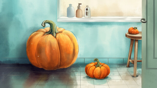 Watercolor painting of a pumpkin in a antique utility room
