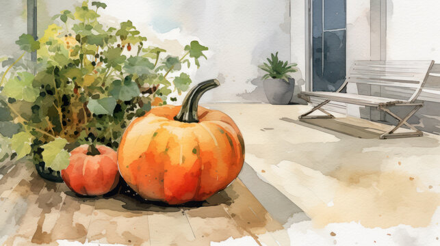 Watercolor painting of a pumpkin in a modern patio