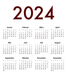 German Calendar grid regular digits for 2024. MF