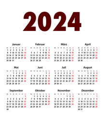 German Calendar grid bold digits for 2024. MF