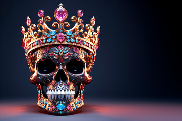 A shiny glamorous skull in a crown of rock crystal. Black background. 