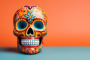 Sugar Calavera on a bright background. Celebration of the Day of the Dead. Mexican traditions.
