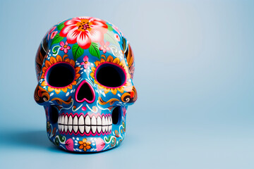 Sugar Calavera on a bright background. Celebration of the Day of the Dead. Mexican traditions.