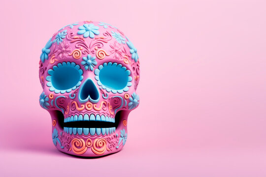 Sugar Calavera on a bright background. Creative. Glamour. Celebration of the Day of the Dead. Mexican traditions.