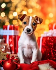 Photo of a cute dog sitting on a stack of presents created with Generative AI technology