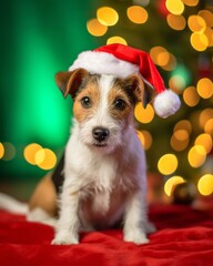 Photo of a cute dog wearing a Santa hat in front of a beautifully decorated Christmas tree created with Generative AI technology